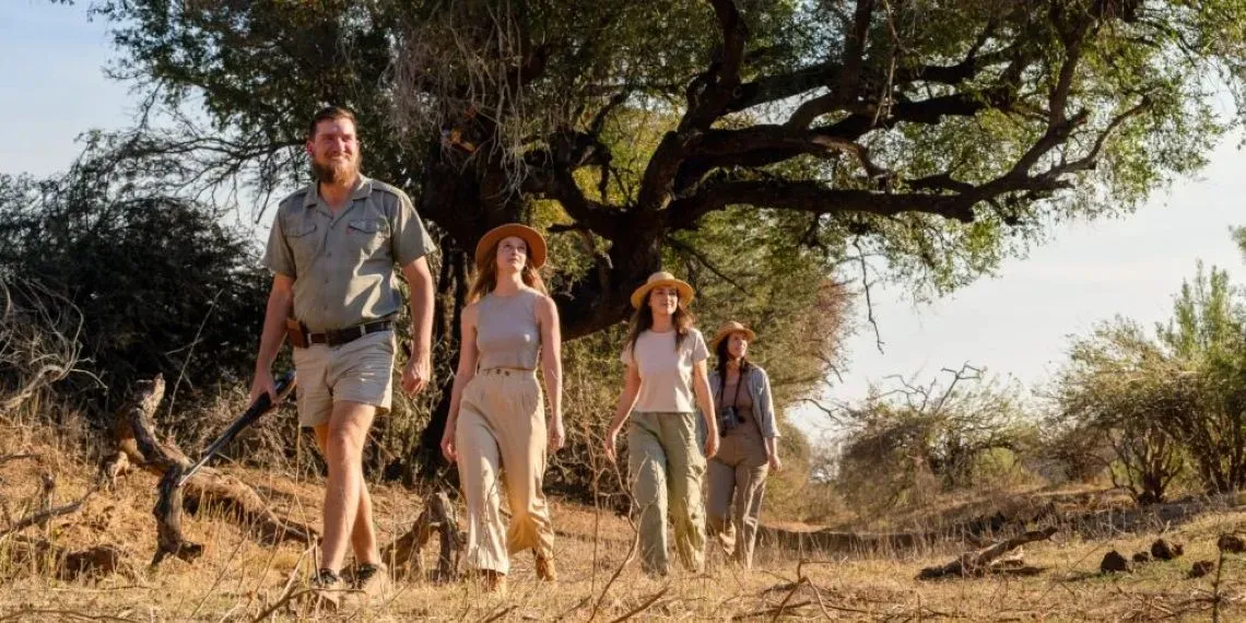 vier mensen wandelen in de natuur